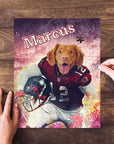 Personalized pet puzzle featuring a dog in an Atlanta Falcons football uniform, with "Marcus" written on top.