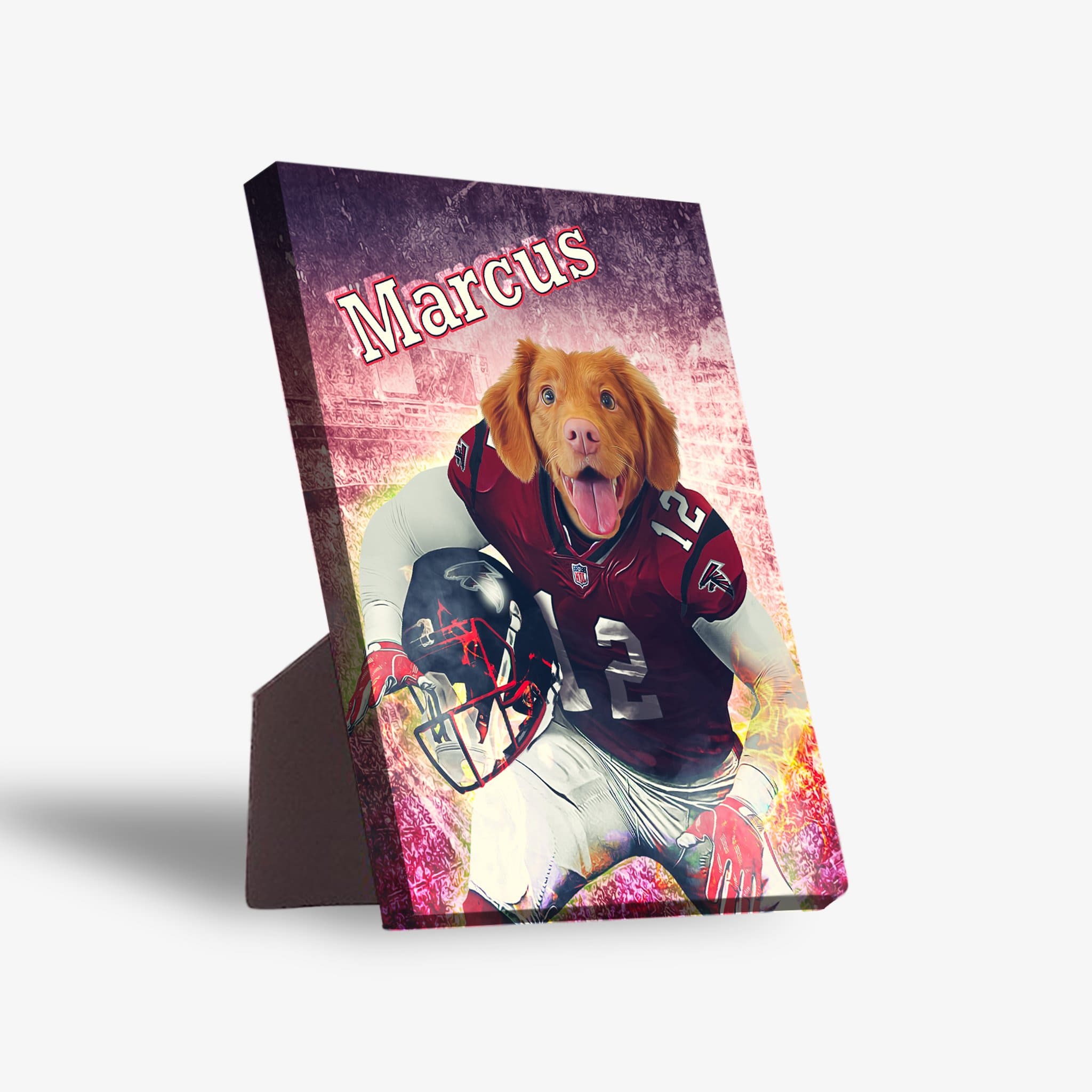 Personalized standing canvas featuring a dog in a red football uniform with "Marcus" at the top.