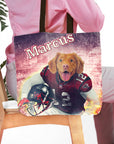 Personalized tote bag with a dog in an Atlanta Falcons football uniform and the name "Marcus.