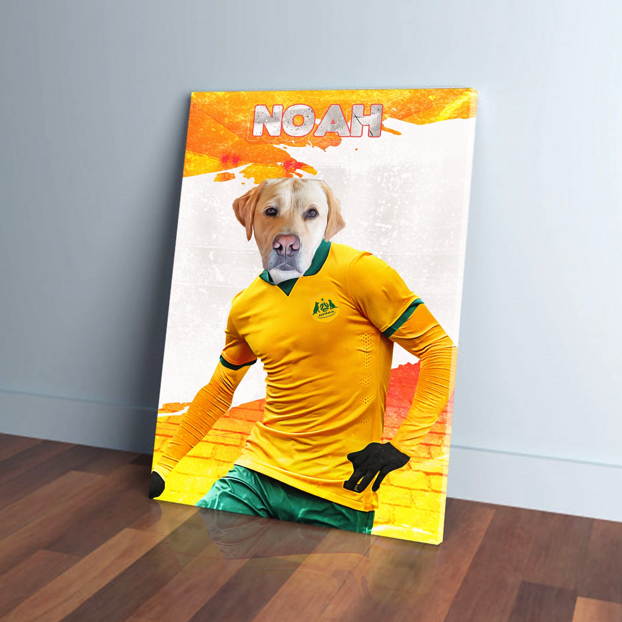 Personalized pet canvas featuring a golden retriever's head on an Australian soccer player's body, named "NOAH".