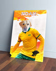 Personalized pet canvas featuring a golden retriever's head on an Australian soccer player's body, named "NOAH".
