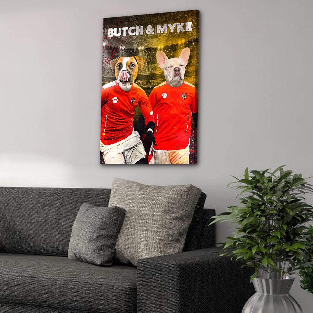 Personalized 'Austria Doggos' canvas featuring two pets in red soccer jerseys, named Butch & Myke.