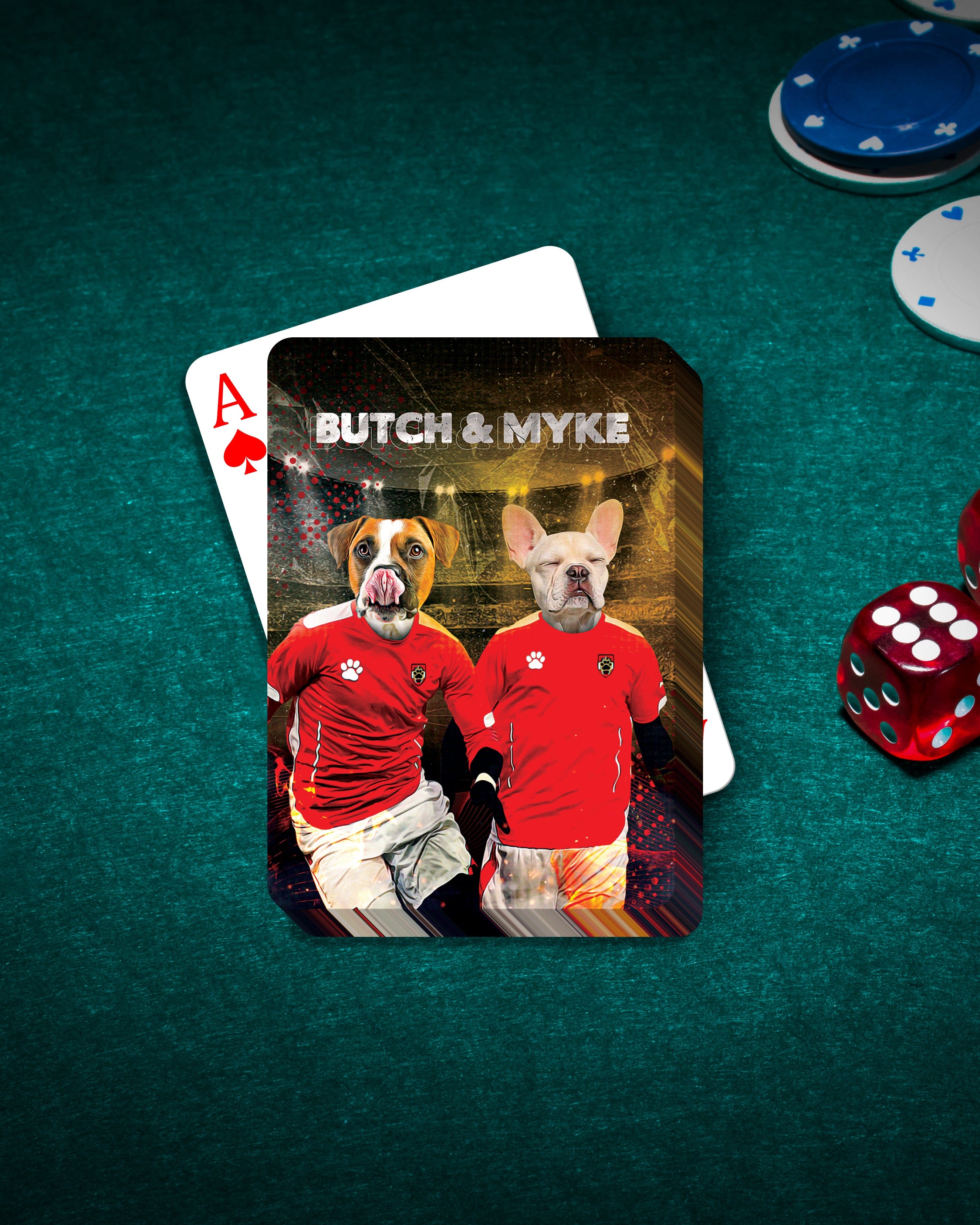 Custom playing card featuring two dogs in red soccer uniforms, "Butch & Myke" text.