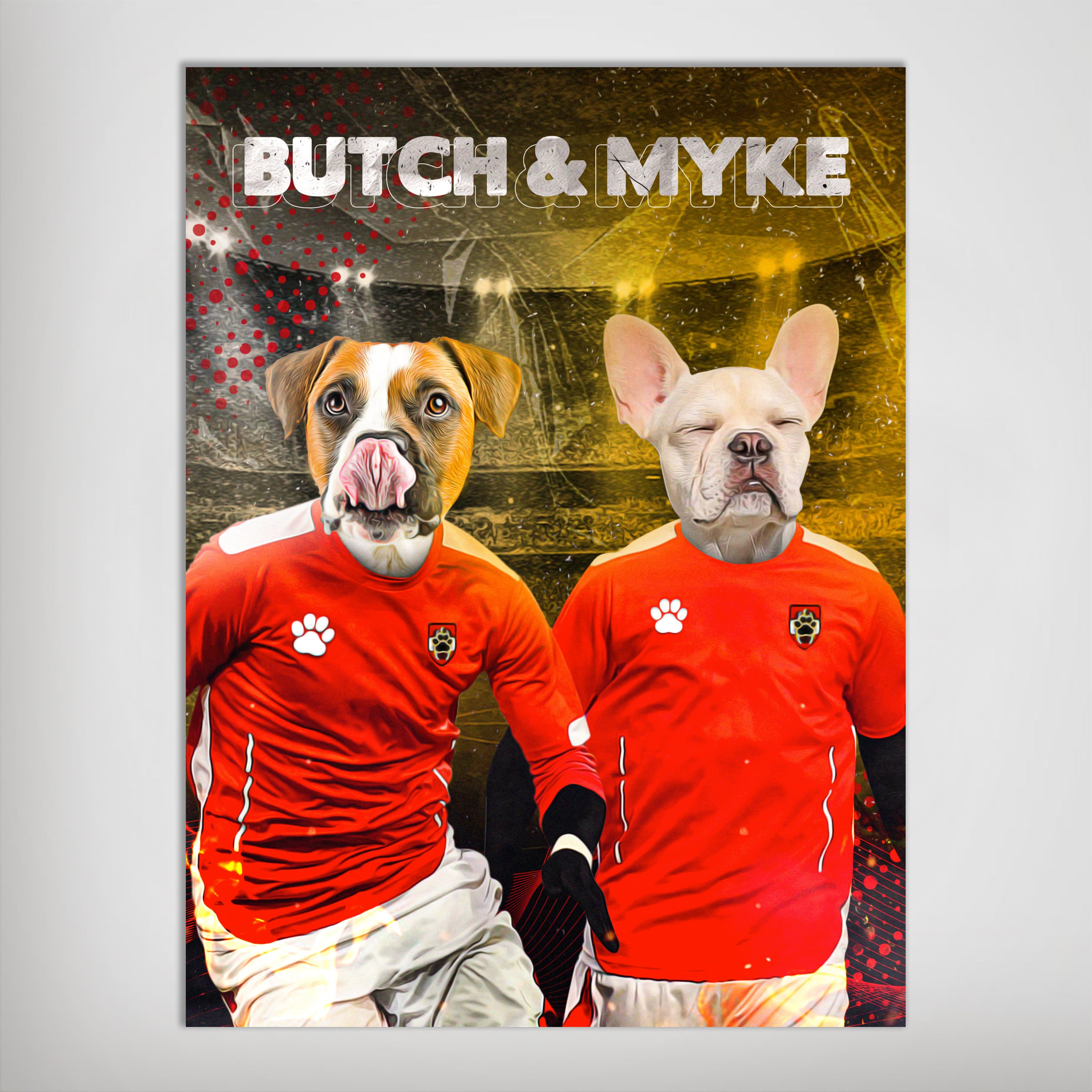 Personalized 'Austria Doggos' poster featuring two pets in red soccer jerseys with names "BUTCH & MYKE".