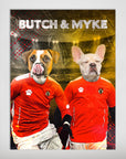 Personalized 'Austria Doggos' poster featuring two pets in red soccer jerseys with names "BUTCH & MYKE".