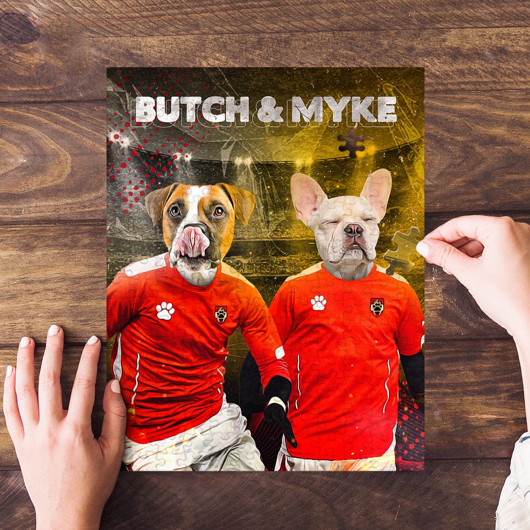 Personalized 2-pet puzzle featuring dogs in soccer jerseys, "Butch & Myke" text, on a wooden surface.