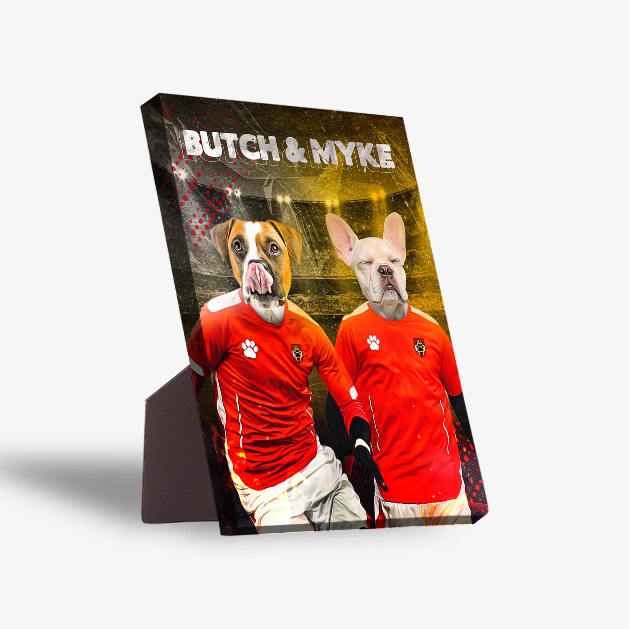 Personalized standing canvas featuring two pets as soccer players in red jerseys, with "BUTCH & MYKE" text.
