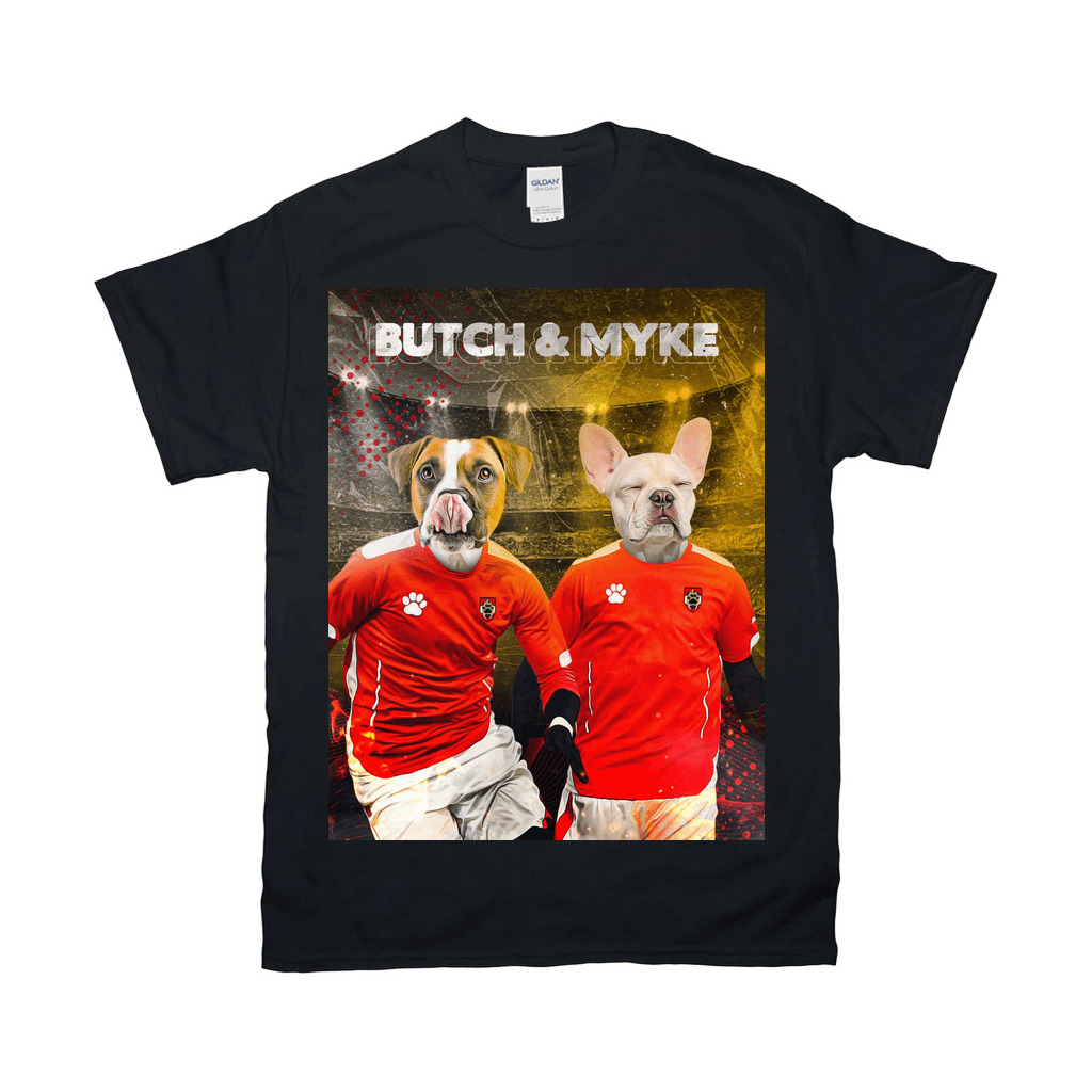 Black Gildan t-shirt with two personalized dog portraits in red soccer jerseys, "BUTCH & MYKE" text.