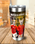 Personalized stainless steel tumbler with two dogs in red soccer uniforms, "BUTCH & MYKE" text.