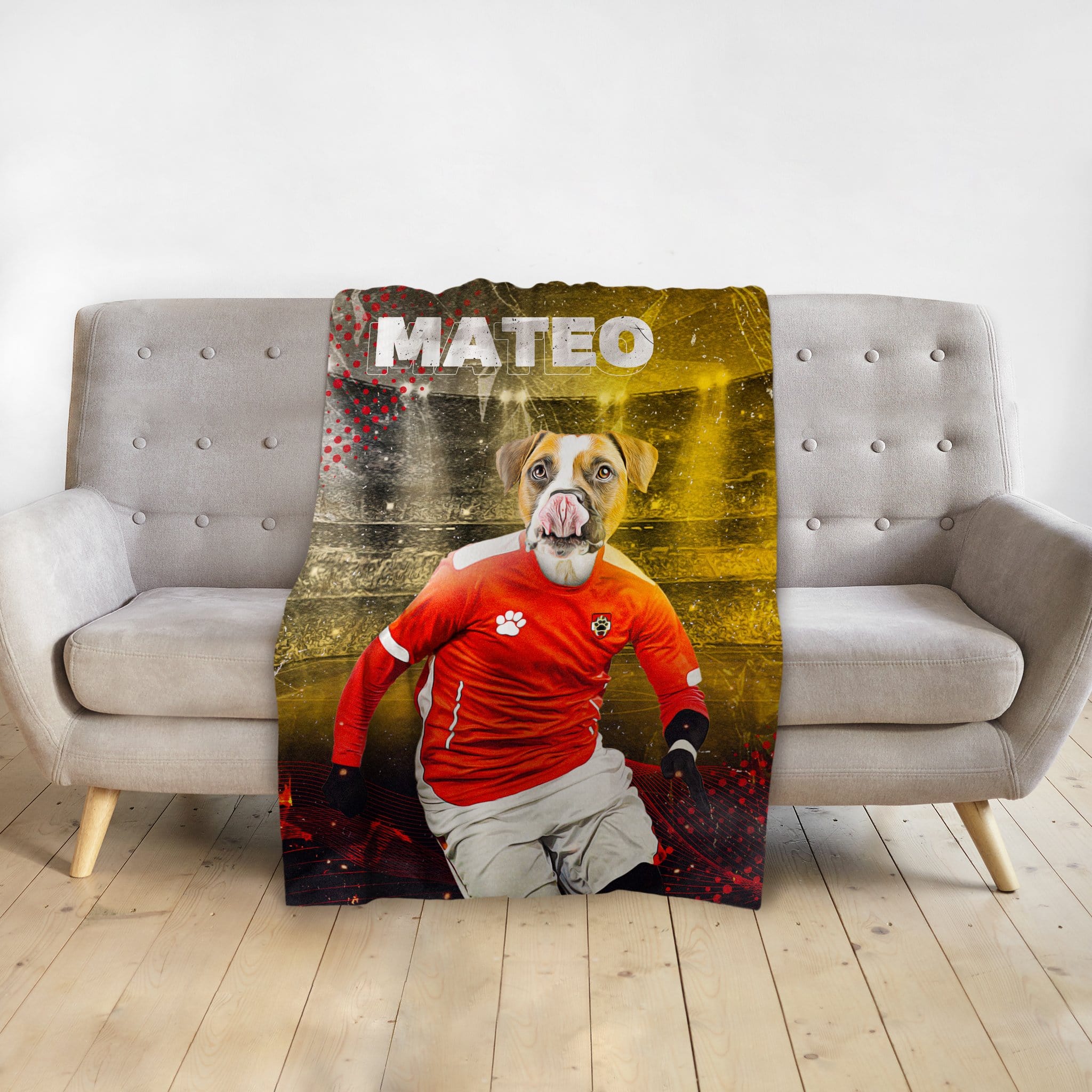 Personalized pet blanket with a dog in a red soccer uniform and "MATEO" on a yellow background.