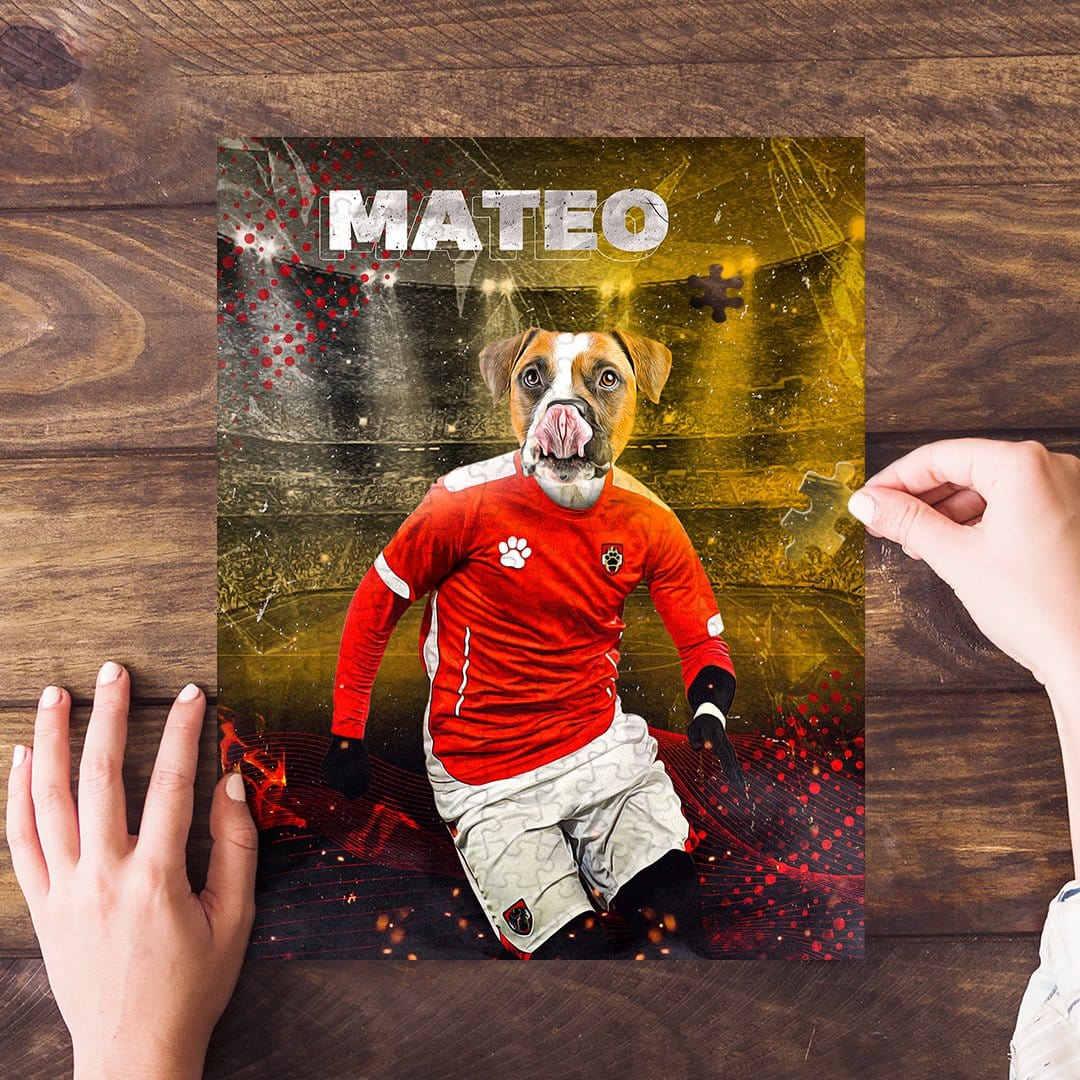Personalized pet puzzle featuring a dog in a red soccer uniform with "MATEO" above, on a wooden table.
