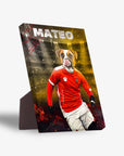 Personalized pet canvas featuring a dog in a red soccer jersey, white shorts, and "MATEO" above.