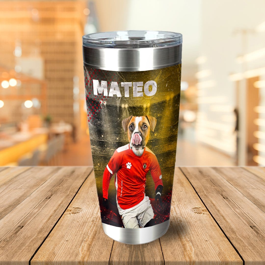 Personalized stainless steel tumbler with a custom portrait of a dog in a red soccer uniform, named "MATEO".