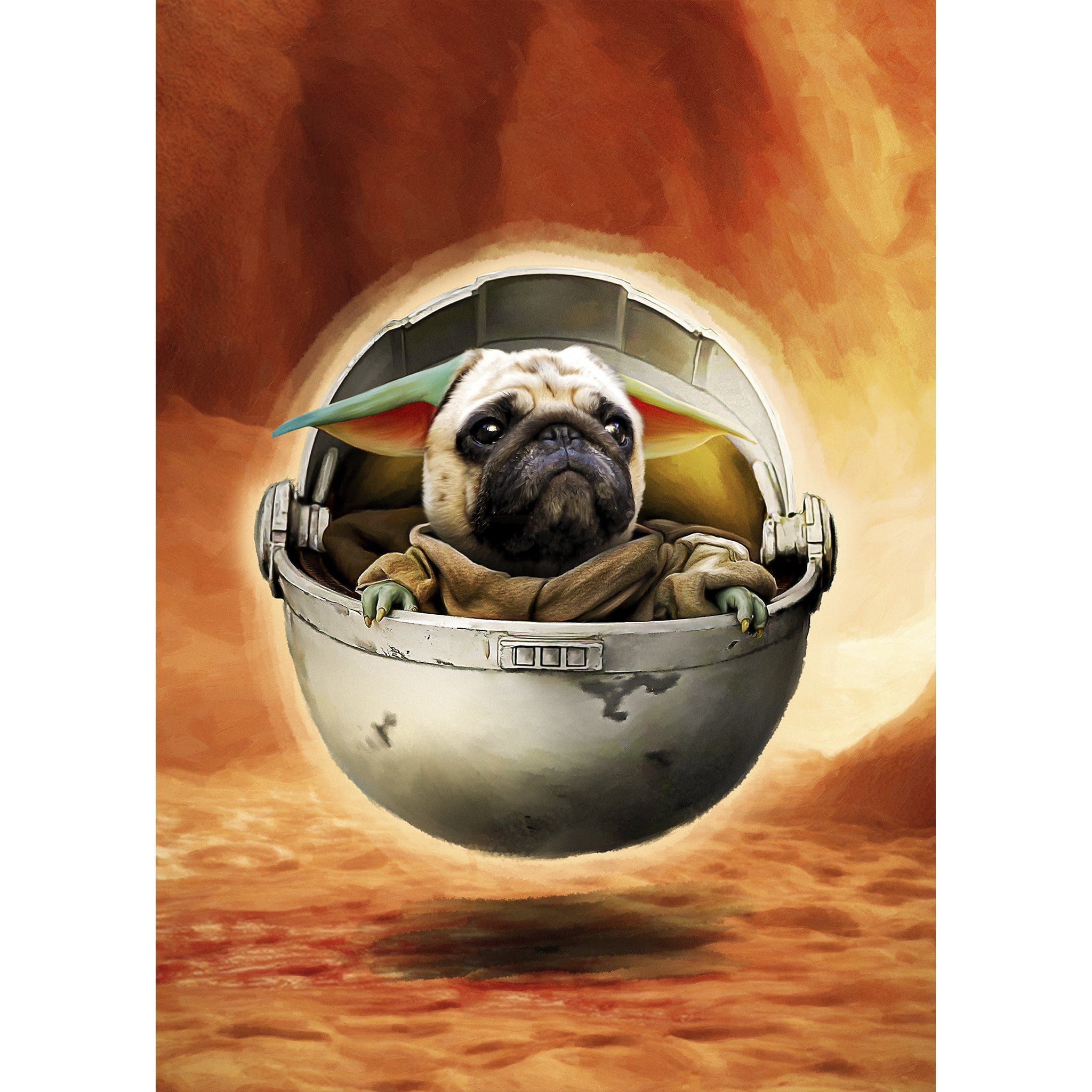 Personalized 'Baby Yodogg' digital portrait featuring a pug in a floating pod.