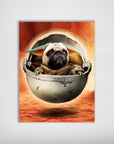 Personalized 'Baby Yodogg' poster featuring a pug in a floating pod against an orange background.