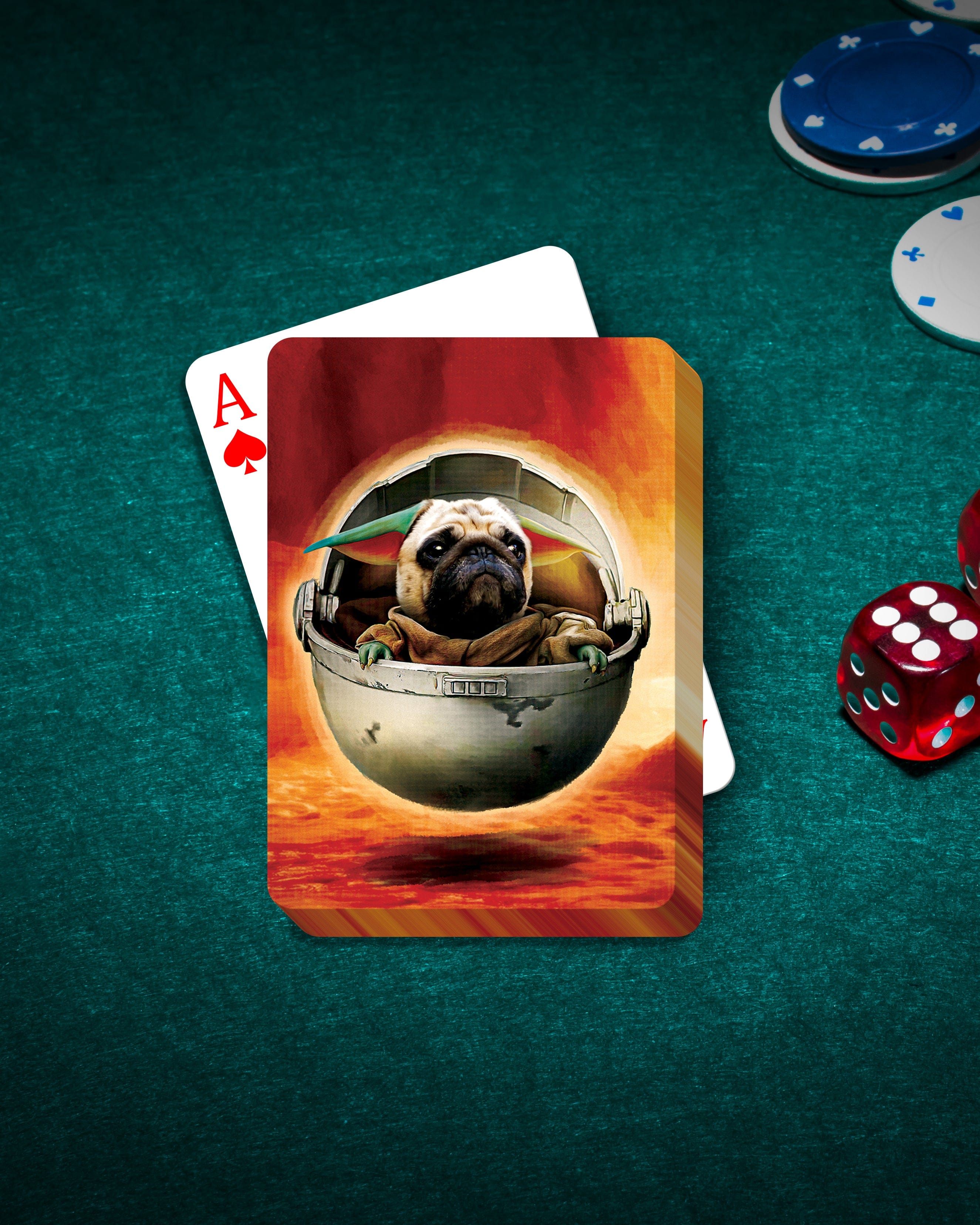 Personalized pet playing cards featuring a pug in a "Baby Yodogg" style pod on a green felt table.