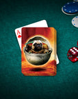 Personalized pet playing cards featuring a pug in a "Baby Yodogg" style pod on a green felt table.