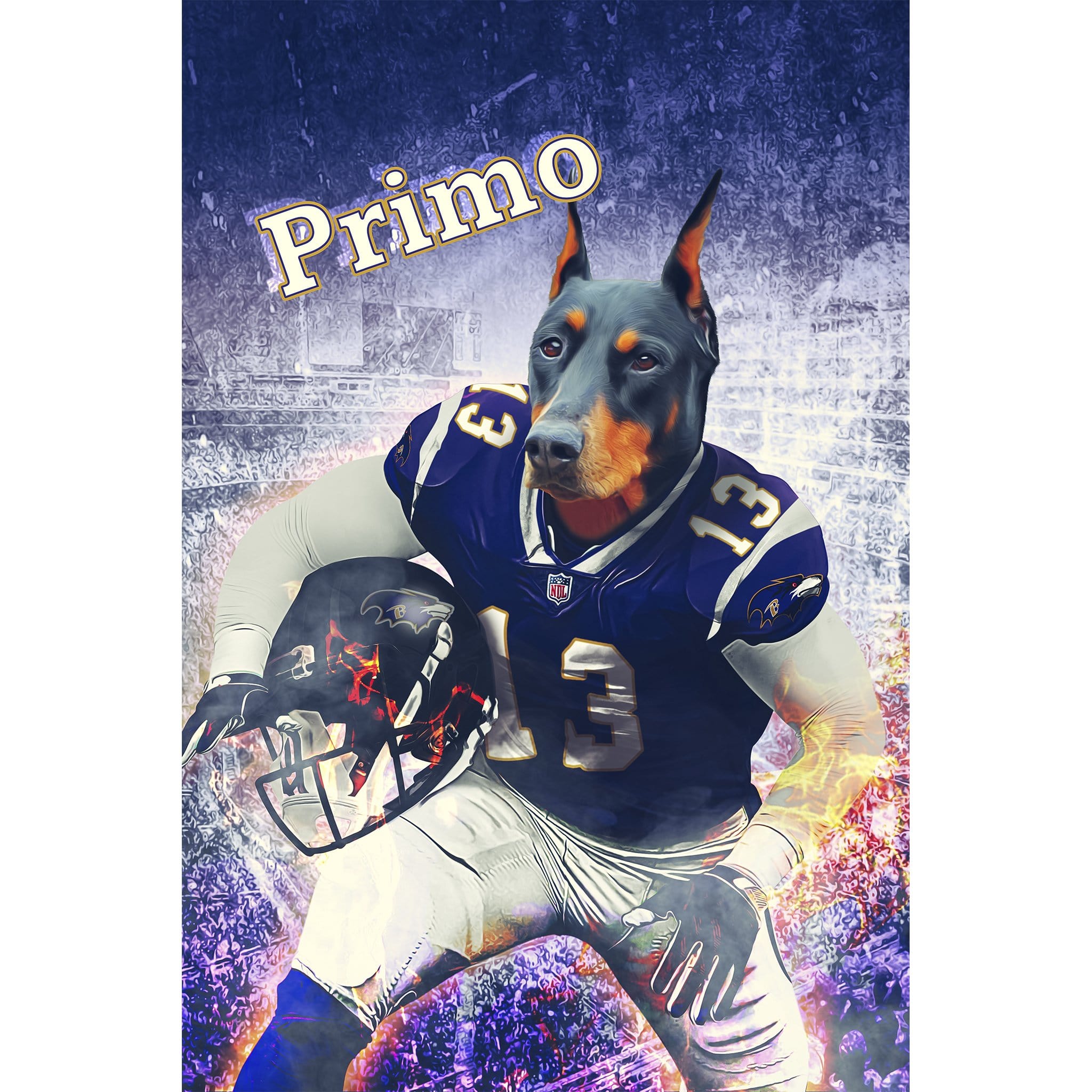 Custom digital portrait of a Doberman dog in a purple football jersey holding a helmet.