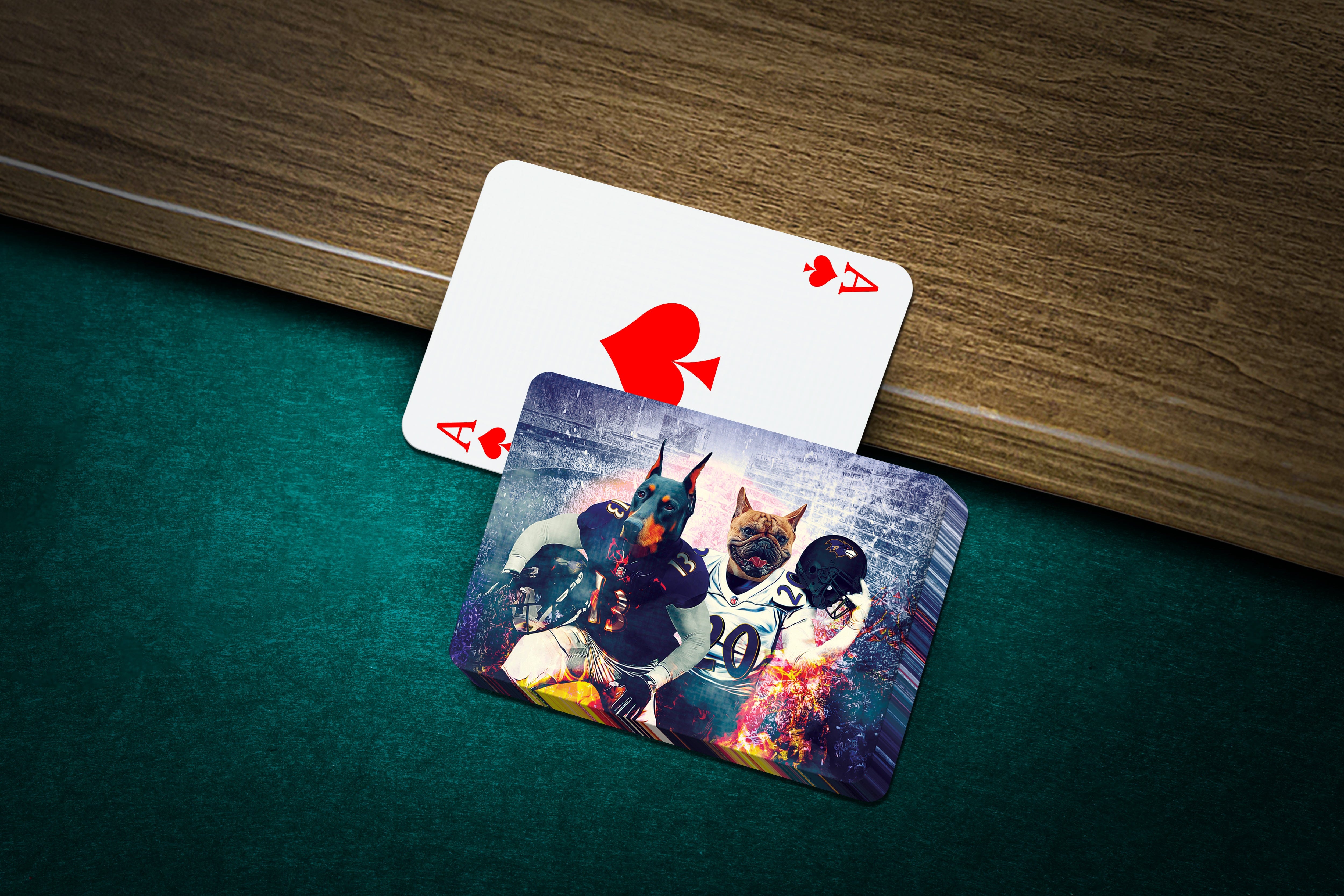 Personalized playing cards featuring two pets in football uniforms, with an Ace of Spades card.