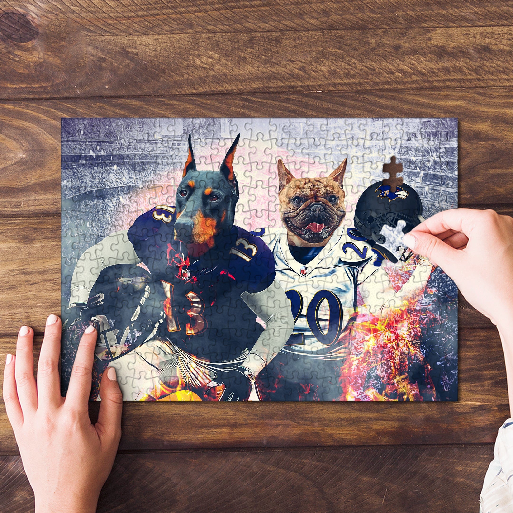 Personalized 2 pet puzzle featuring a Doberman and French Bulldog in football uniforms.