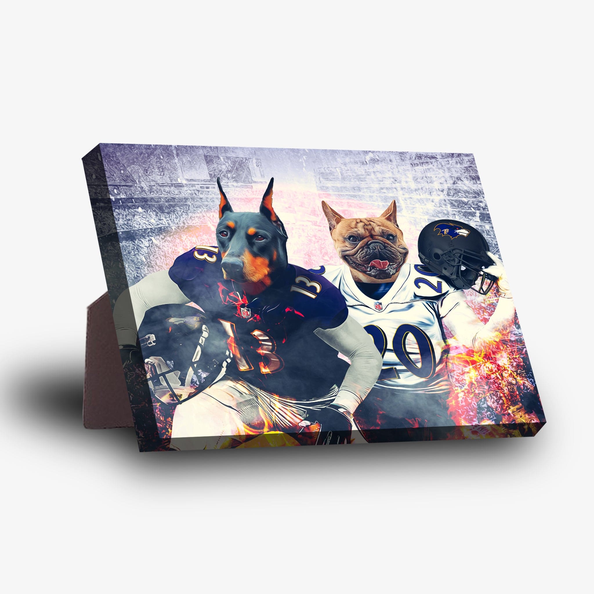 Personalized standing canvas featuring a Doberman and French Bulldog in Baltimore football uniforms.