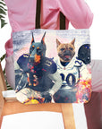 Personalized 2-pet tote bag with a Doberman and French Bulldog in football uniforms.