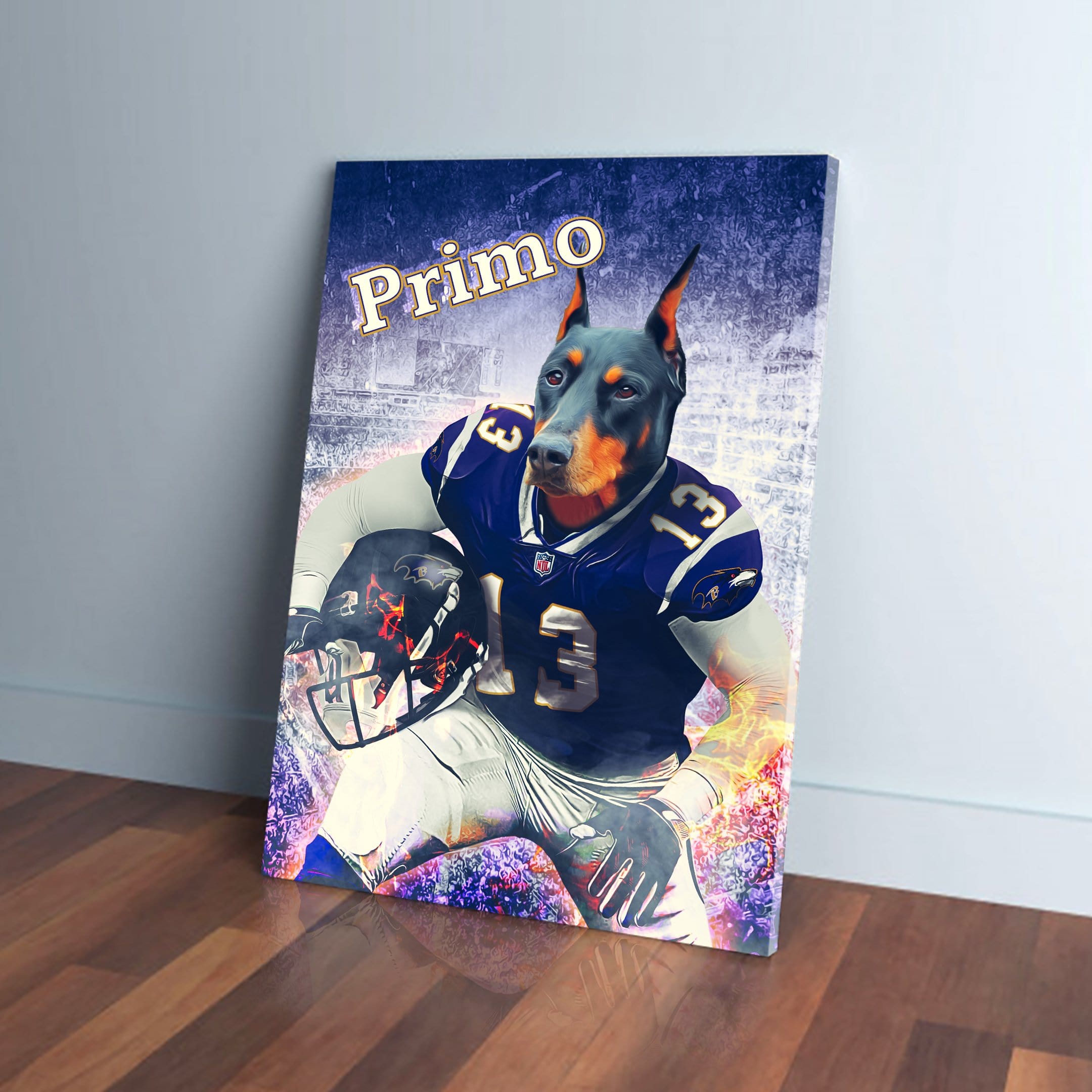 Personalized canvas of a Doberman named Primo in a blue football uniform, holding a helmet.