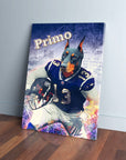 Personalized canvas of a Doberman named Primo in a blue football uniform, holding a helmet.