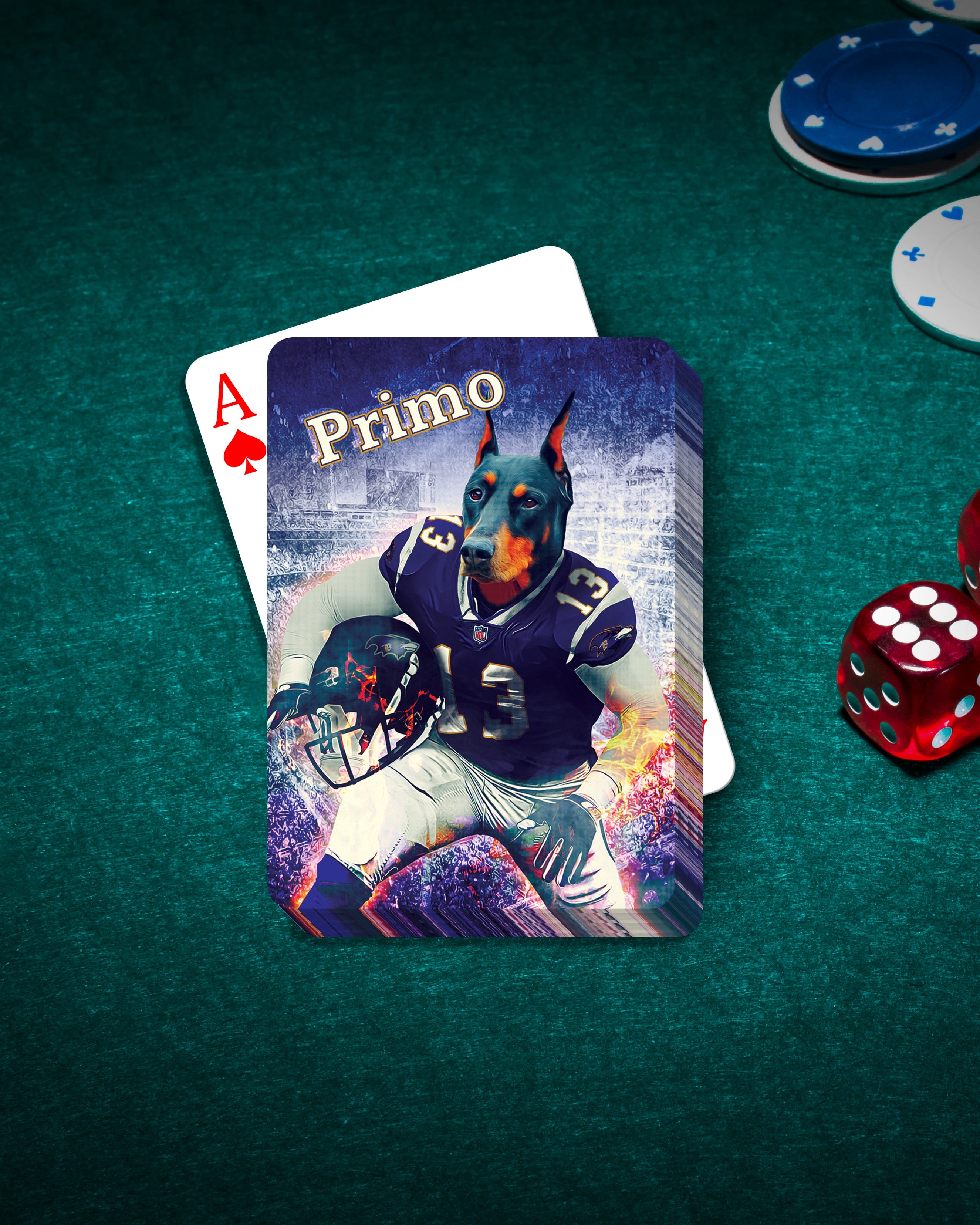 Custom personalized playing card featuring a Doberman dog in a football uniform, named Primo.