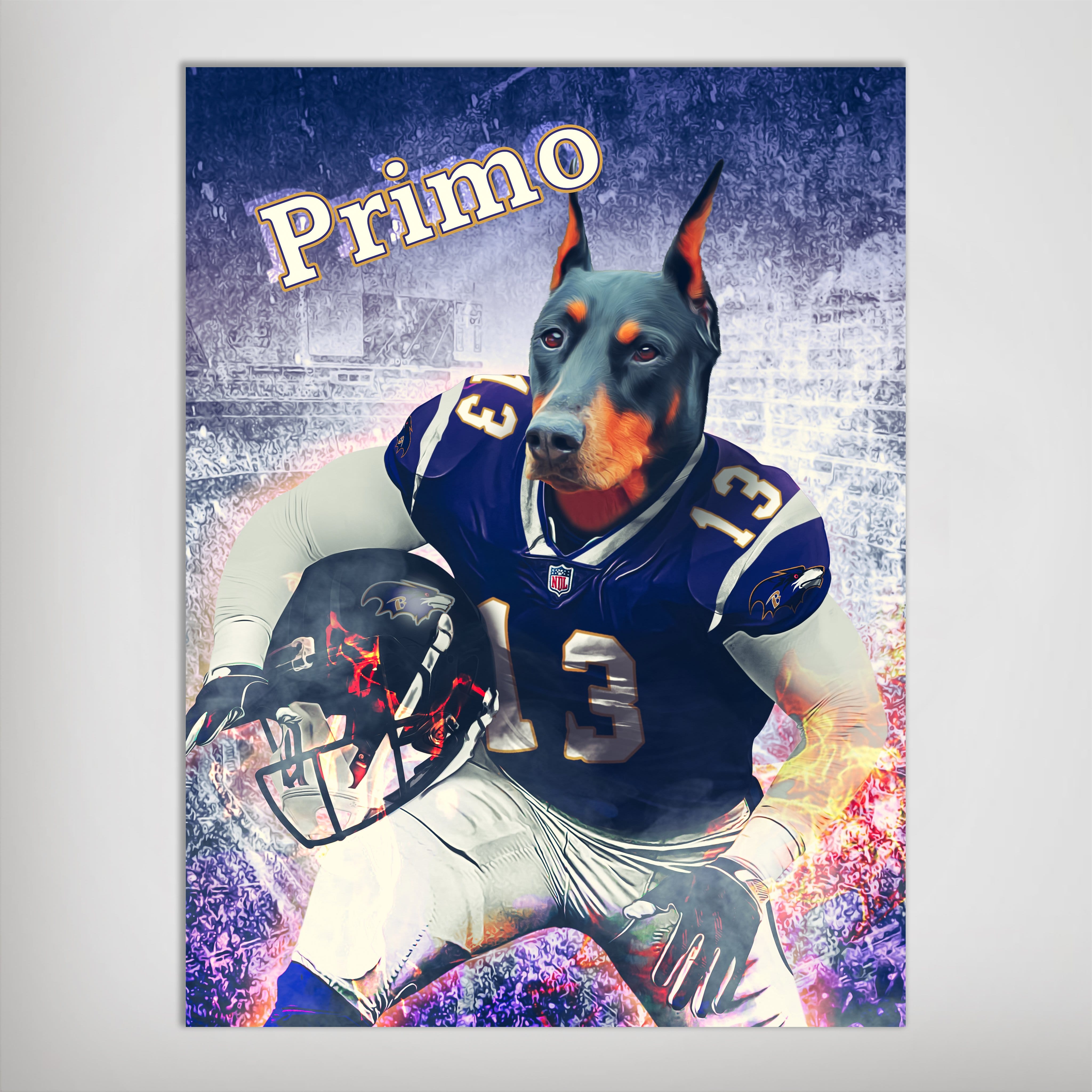 Personalized 'Baltimore Doggos' poster featuring a Doberman in a purple football uniform, holding a helmet.