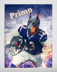 Personalized 'Baltimore Doggos' poster featuring a Doberman in a purple football uniform, holding a helmet.