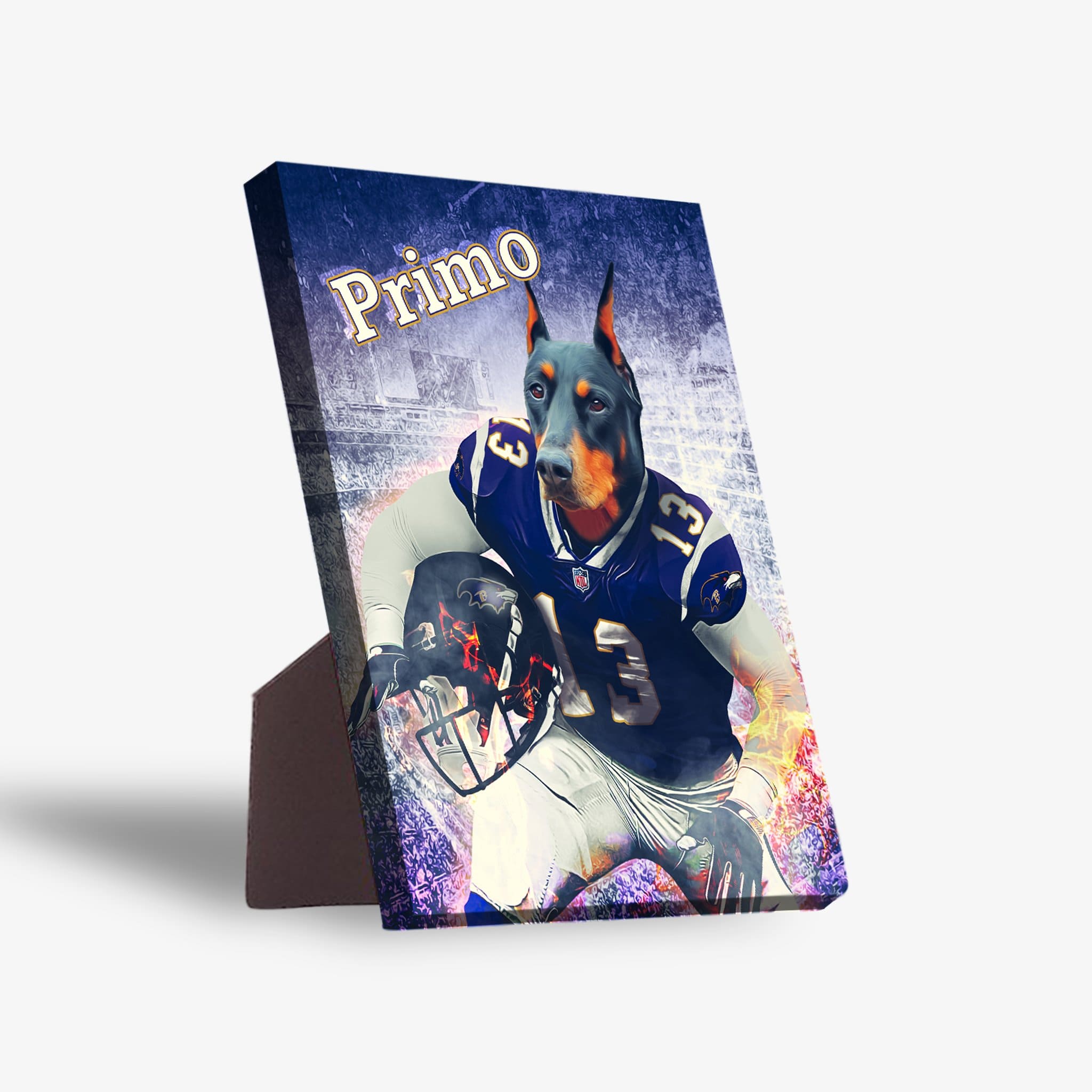 Personalized pet standing canvas featuring a Doberman in a blue football uniform with "Primo" at the top.