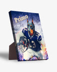 Personalized pet standing canvas featuring a Doberman in a blue football uniform with "Primo" at the top.