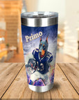 Personalized stainless steel tumbler with a custom Doberman dog portrait in a football uniform.