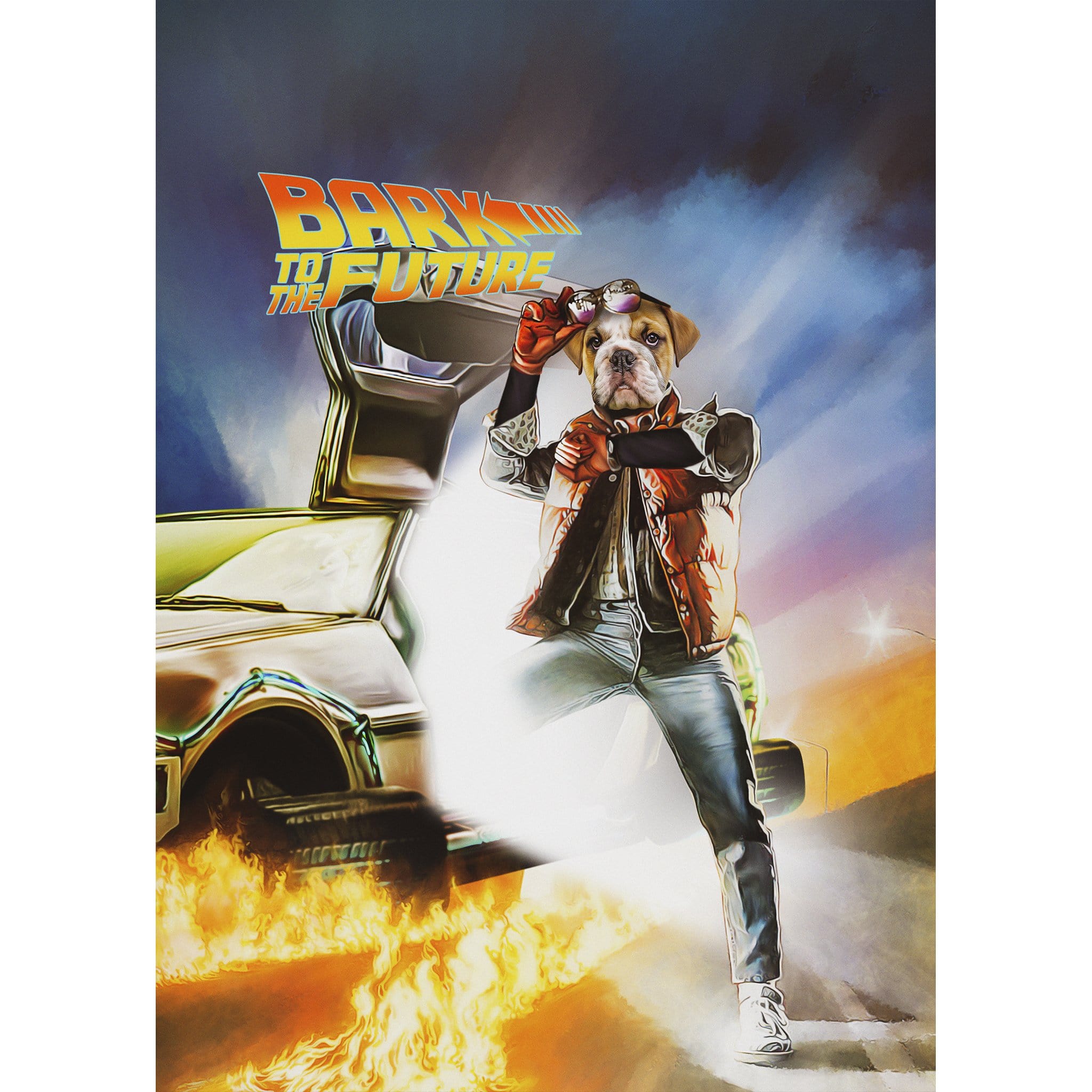 Custom digital portrait of a bulldog as Marty McFly from "Bark to the Future" movie poster.