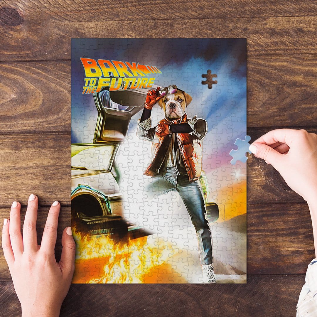 Personalized 'Bark to the Future' dog puzzle with a bulldog in a movie scene, held by hands.
