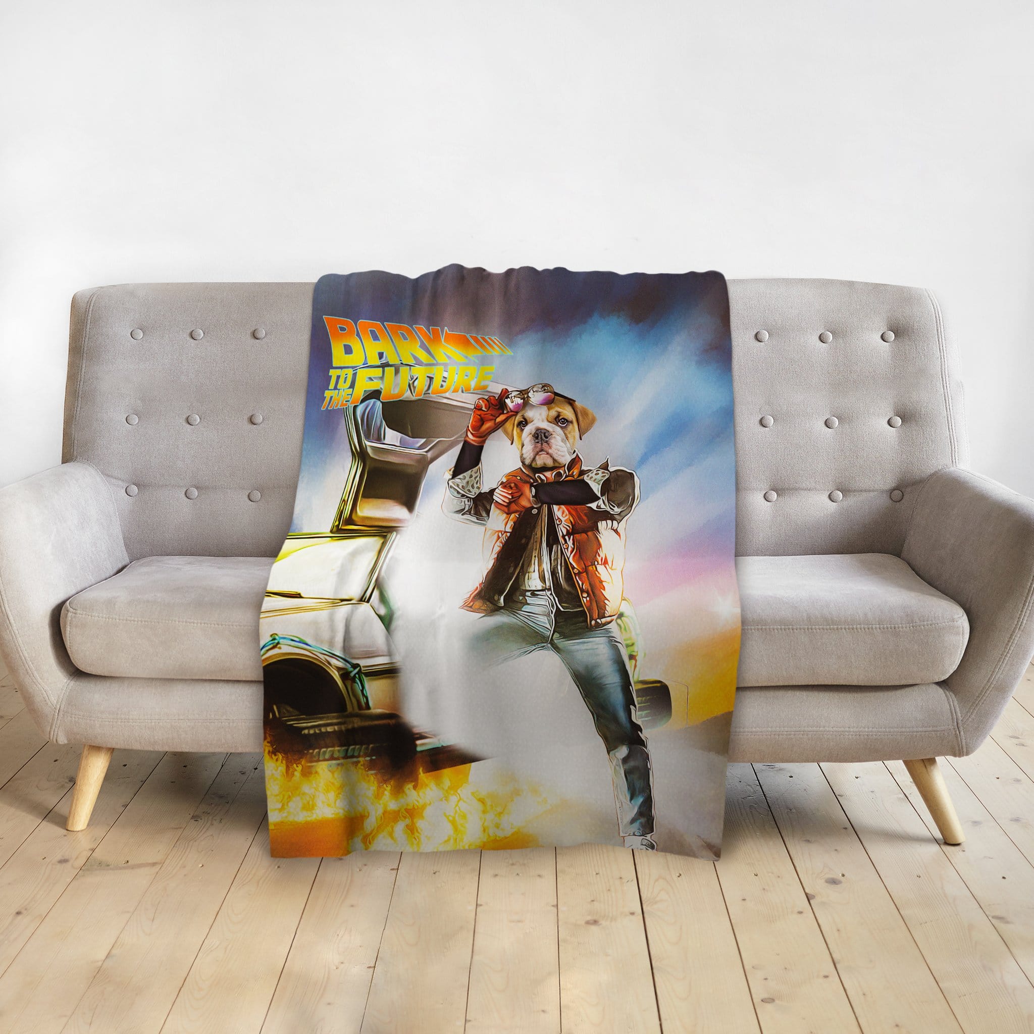 Personalized pet blanket with a bulldog in a "Bark to the Future" movie poster style portrait.