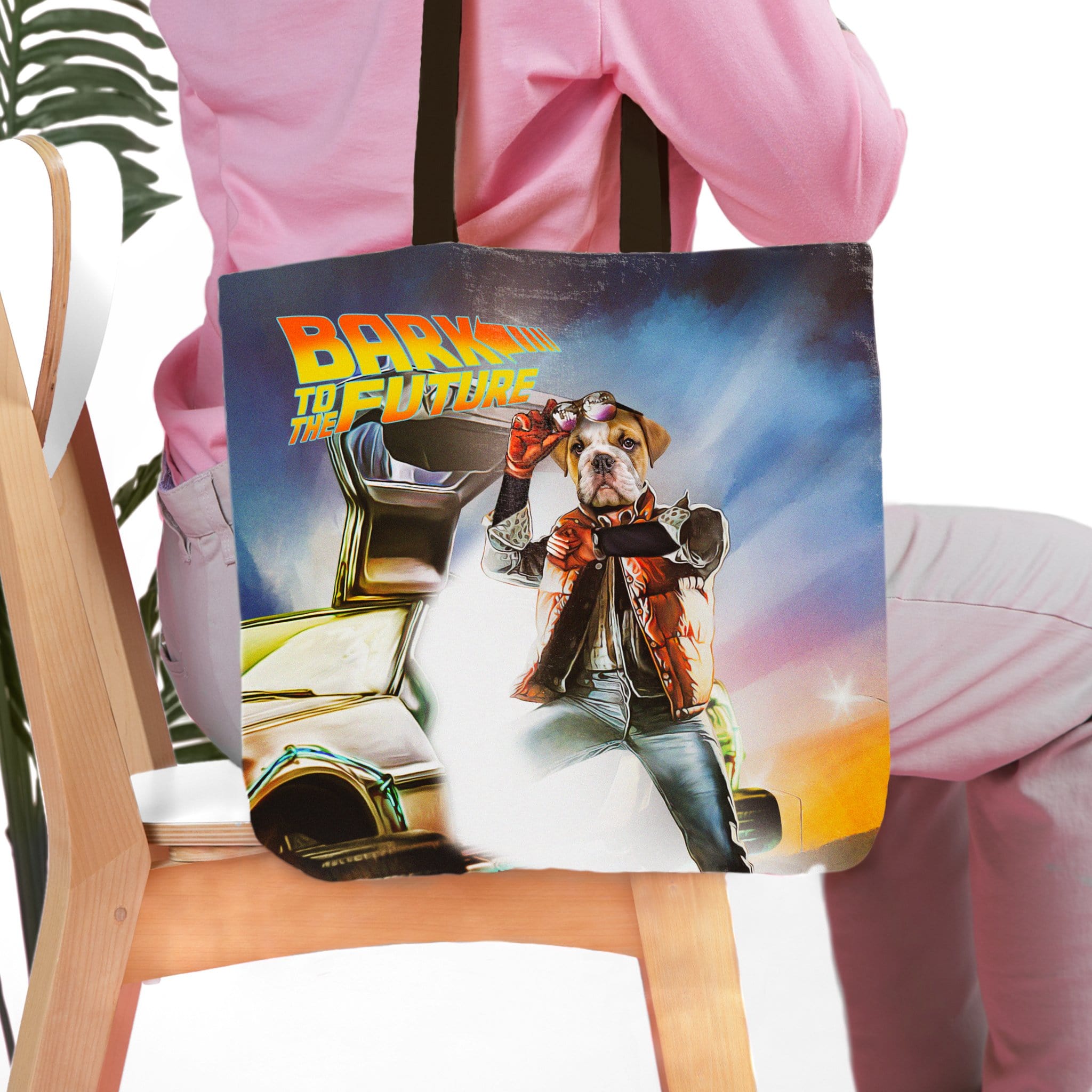 Personalized pet portrait tote bag with a bulldog in "Bark to the Future" movie poster style.