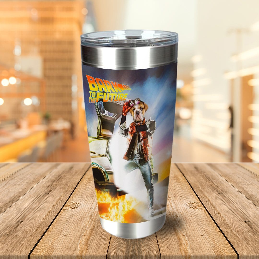 Personalized stainless steel tumbler with a dog in a "Bark to the Future" movie poster style portrait.
