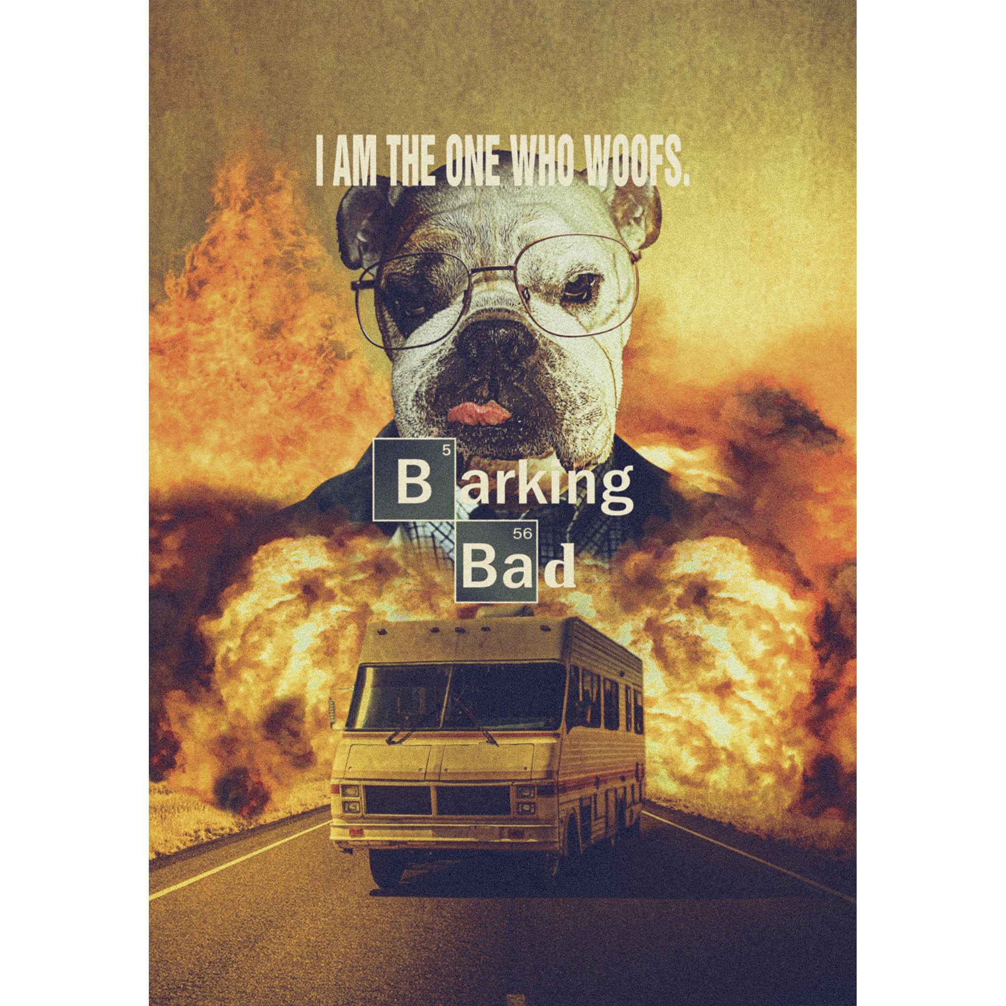 Custom digital pet portrait in "Barking Bad" style with a bulldog, RV, and fiery background.
