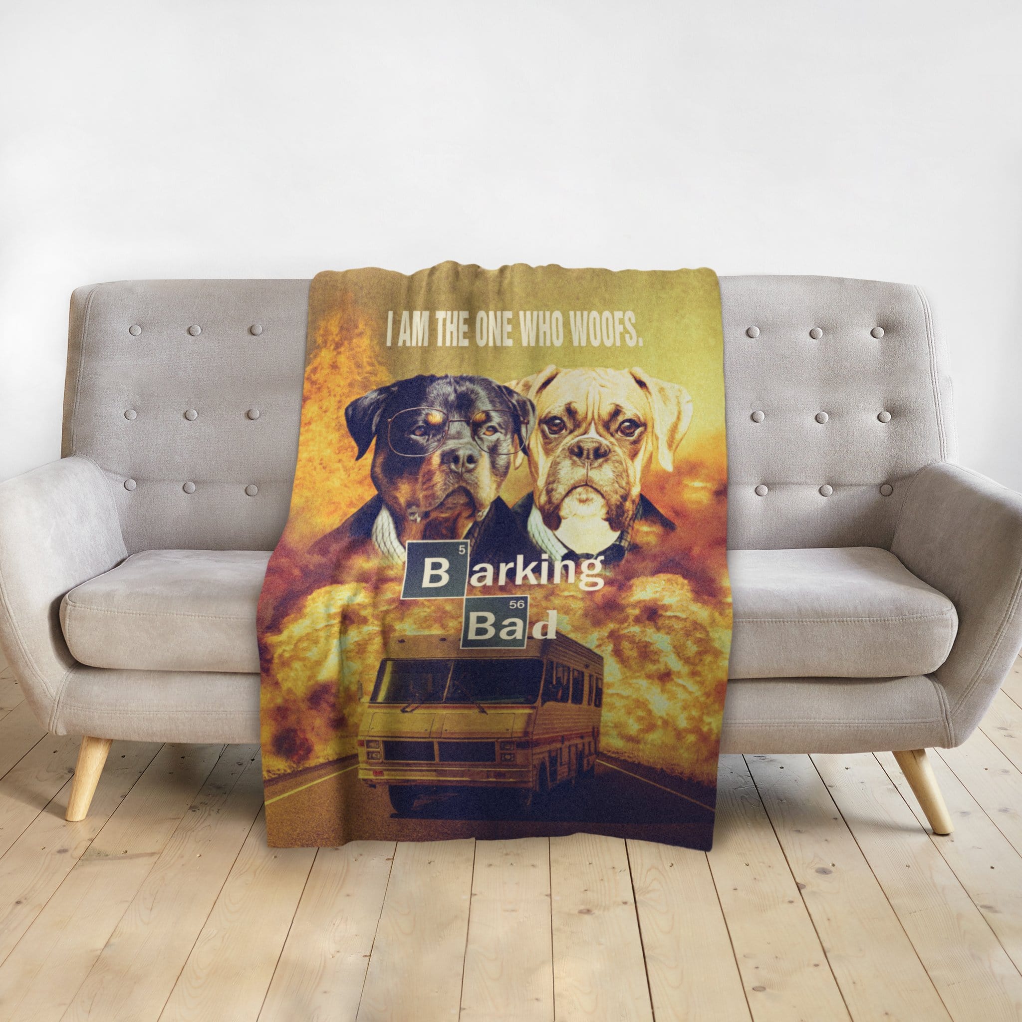 Personalized 'Barking Bad' pet portrait blanket featuring two dogs in a Breaking Bad style.