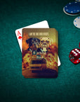 Custom "Barking Bad" playing cards featuring personalized dog portraits, a Rottweiler and a Boxer, on a green felt table with poker chips and dice.