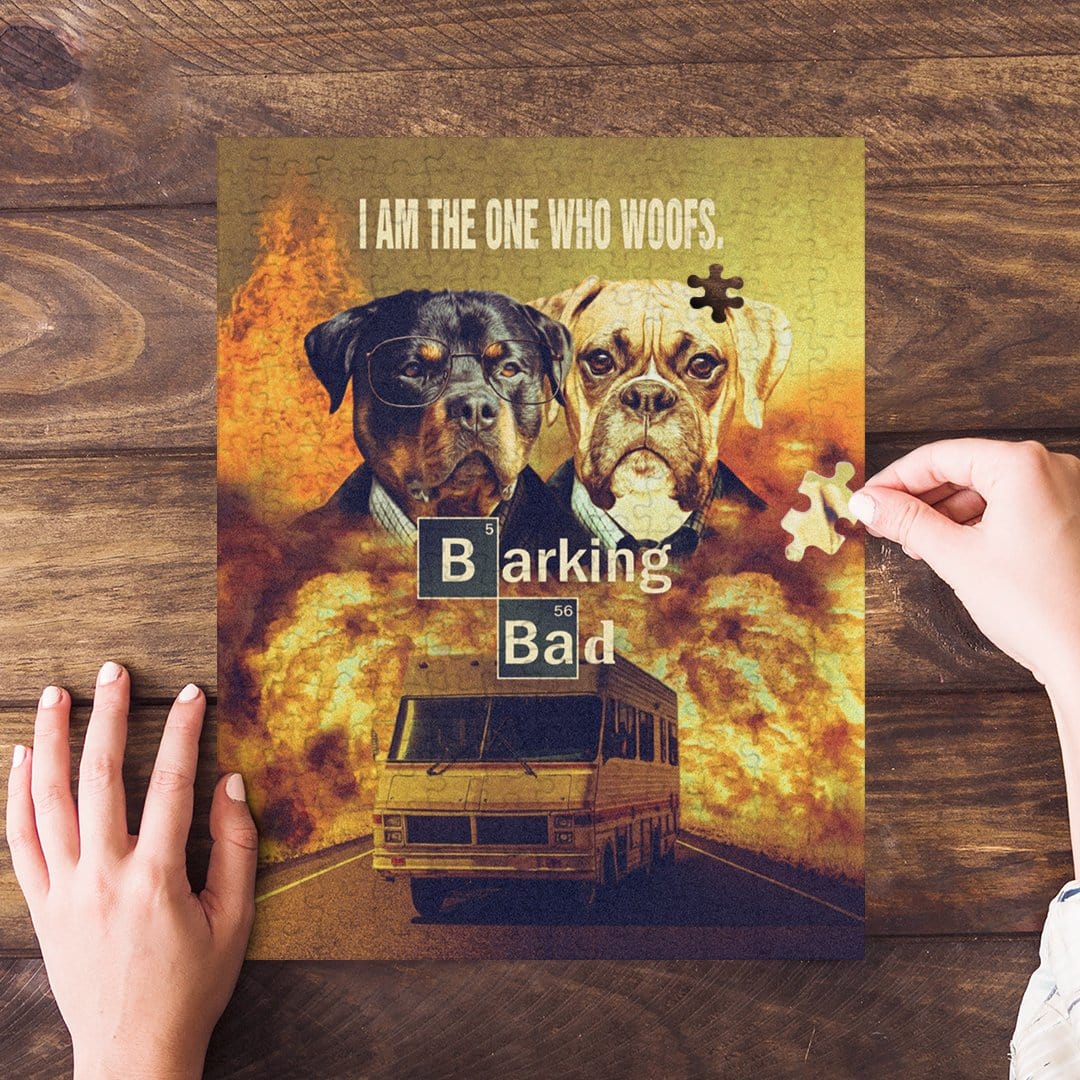 Personalized 2-pet puzzle featuring dogs in a "Barking Bad" cartoon style, with a hand placing a piece.