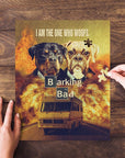 Personalized 2-pet puzzle featuring dogs in a "Barking Bad" cartoon style, with a hand placing a piece.