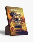 Personalized "Barking Bad" standing canvas featuring two dogs, a Rottweiler and a Boxer, with a bus and flames.