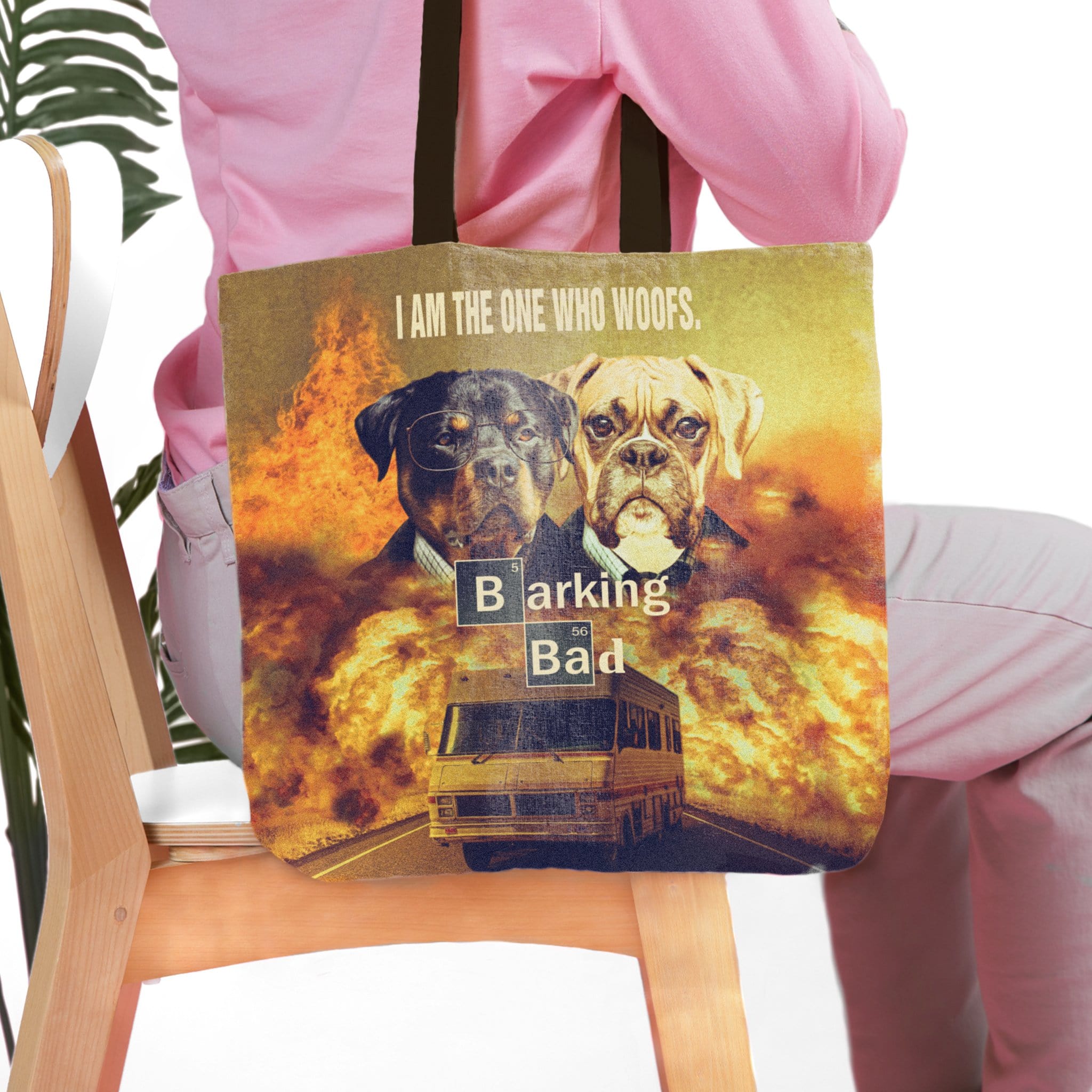 Personalized "Barking Bad" tote bag with custom dog portraits, featuring a Rottweiler and Boxer.