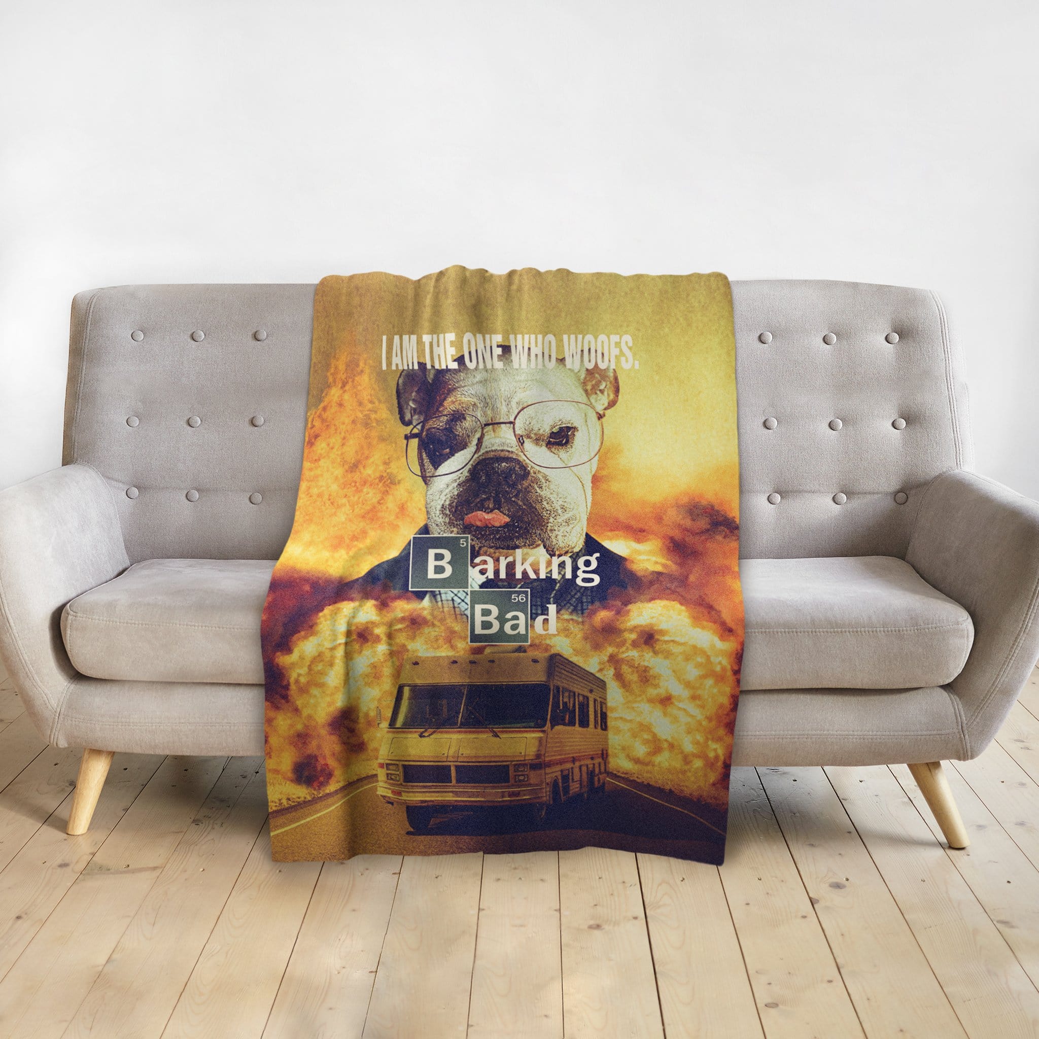 Custom "Barking Bad" personalized pet blanket with a bulldog portrait and explosion design.