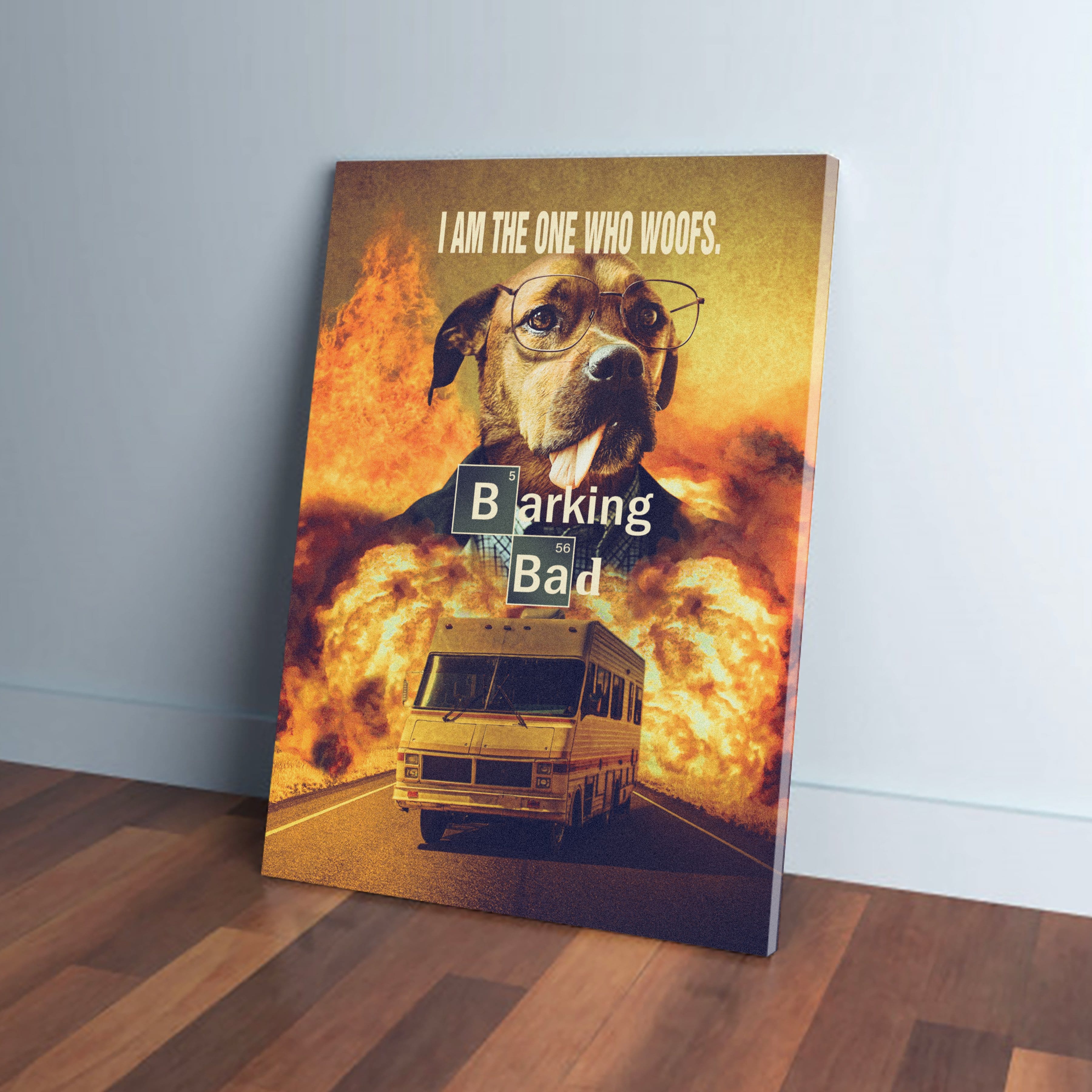 Personalized "Barking Bad" pet canvas featuring a dog in glasses with a cigar, a RV, and explosions.