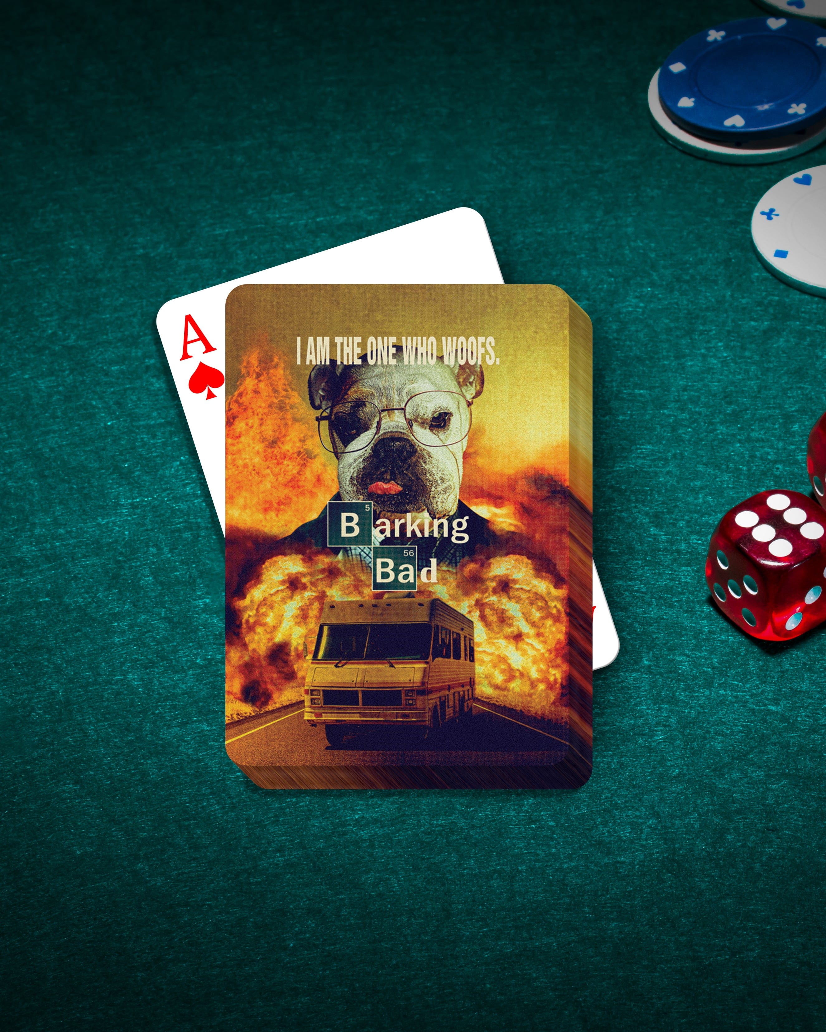 Personalized "Barking Bad" playing cards featuring a custom dog portrait in a cartoon style.