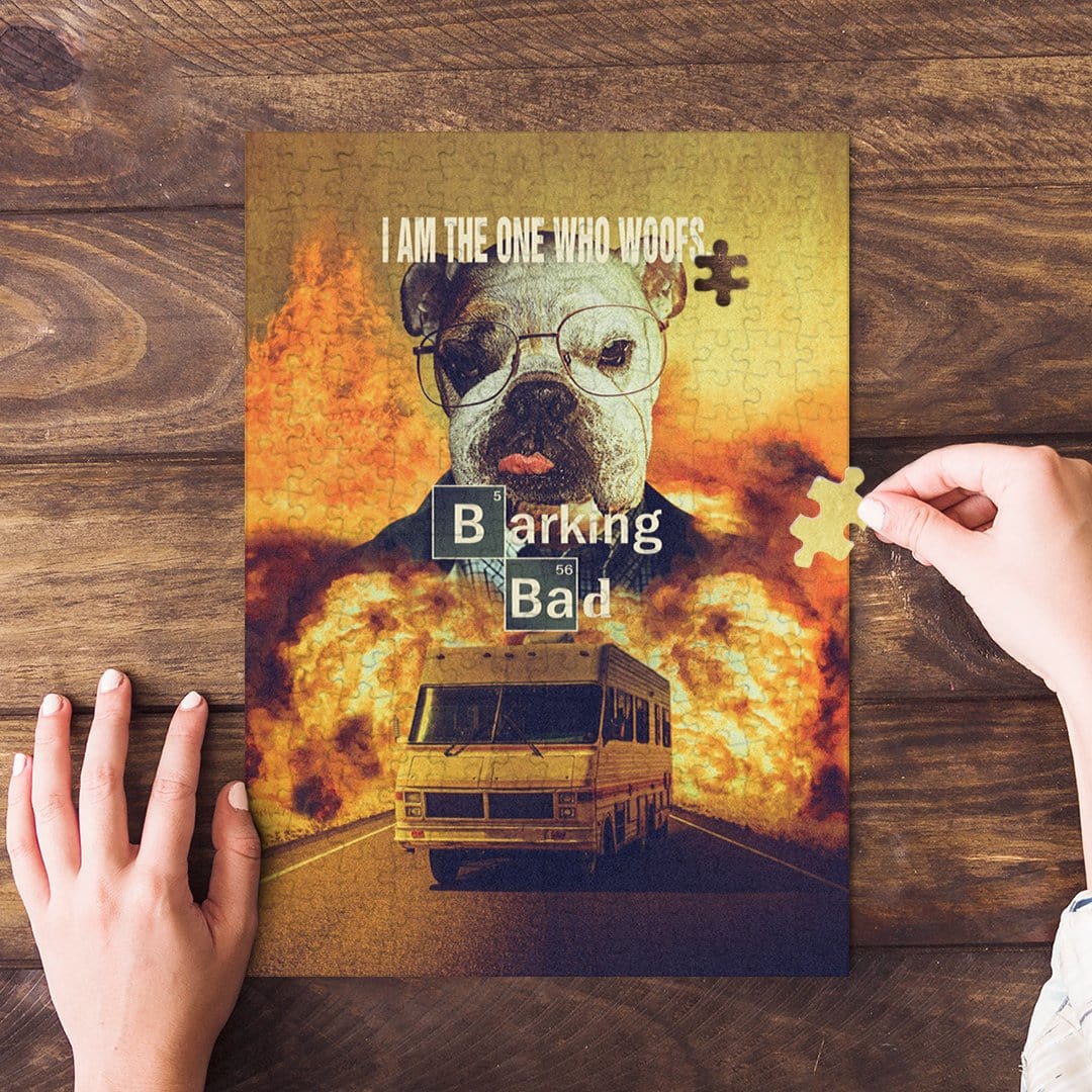 Personalized "Barking Bad" pet puzzle featuring a dog portrait in a fiery scene, with hands assembling it.